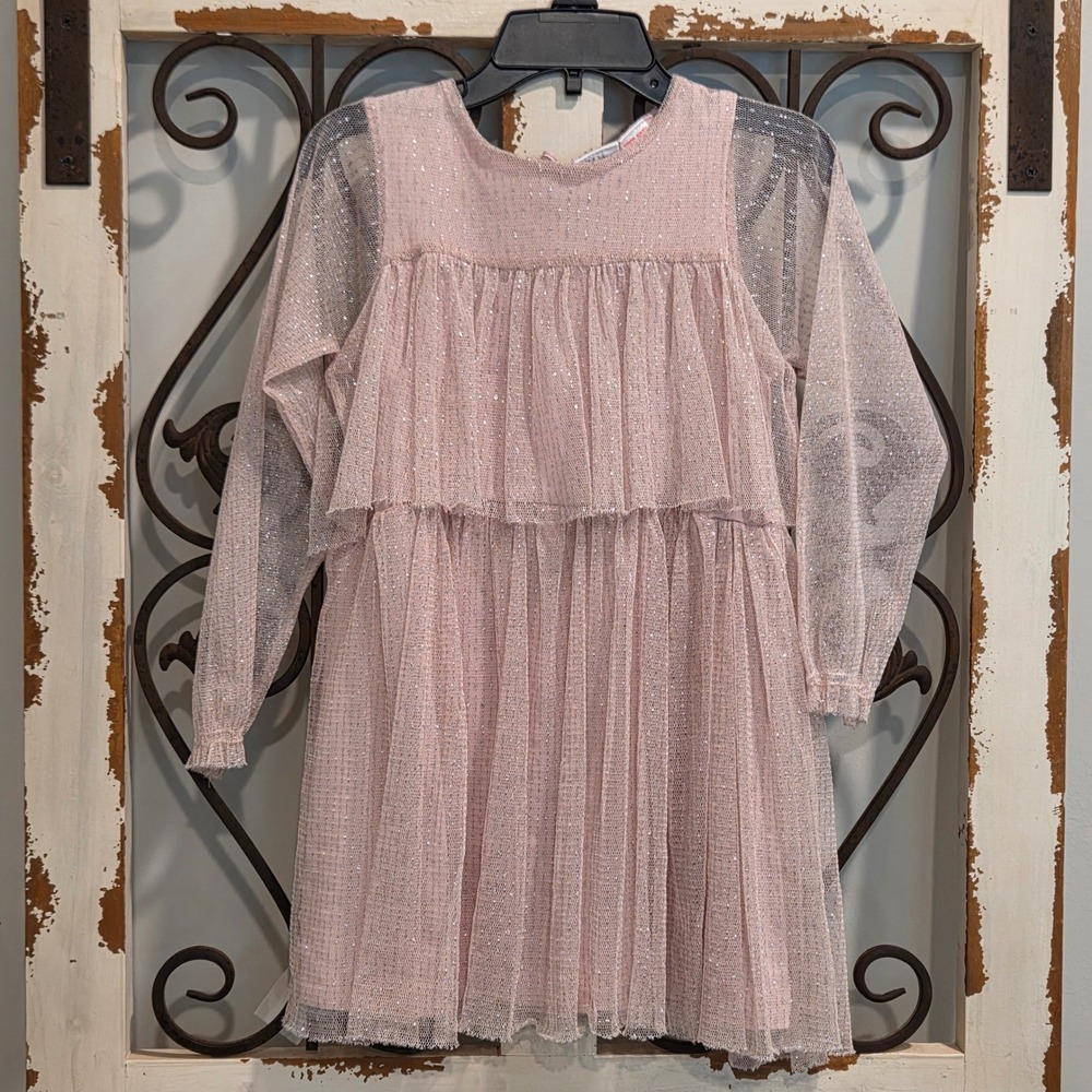 Zara Girls Pink Glitter Tulle Tiered Dress Sheer Long Sleeve Size 4-5 Years 110